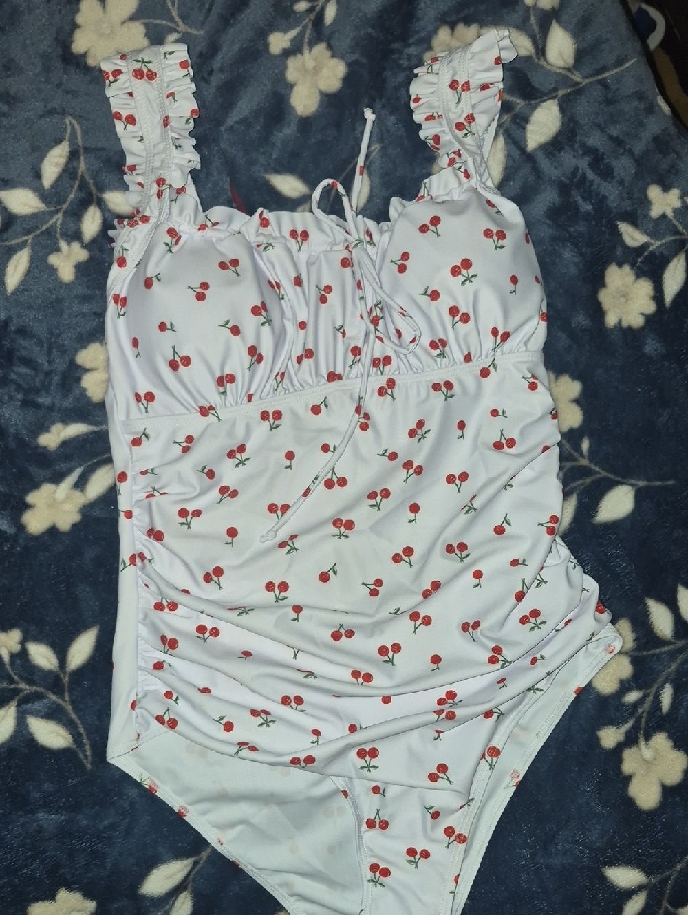 Womans Large Cherry Print White One-Piece Swimsuit NWOT